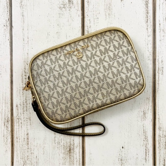 Michael Kors Handbags - Michael Kors Signature Logo Pale Gold Double Zip Wristlet Wallet